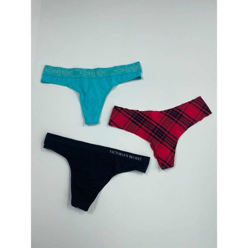 Victoria’s Secret Thong Bundle S Black Teal Red Plaid Lace 3 Pack